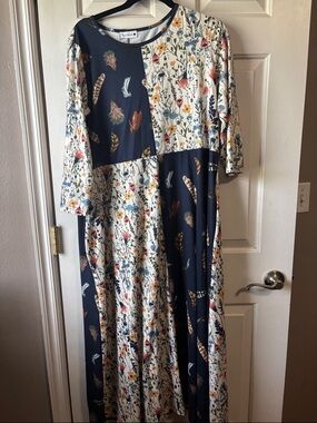 NUGGLES: Patchwork Feather & Floral Maxi Dress - Navy & Cream